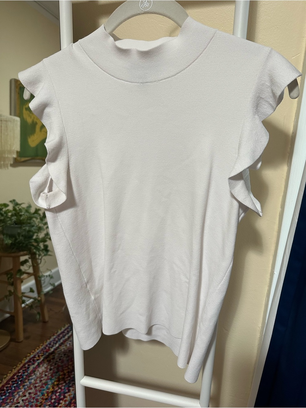 Ann Taylor Cream Ruffle Sleeve Mock Neck Top